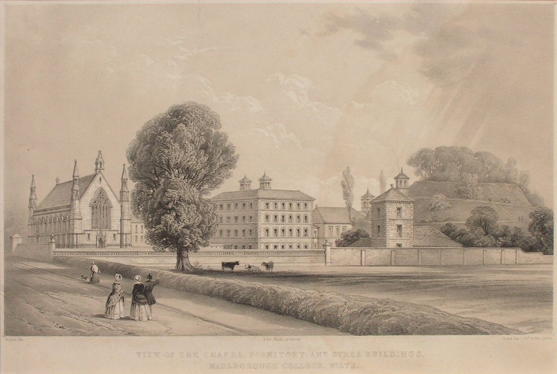 Lithograph - View of the Chapel, Dormitory and Other Buildings at the New College, Marlborough - 